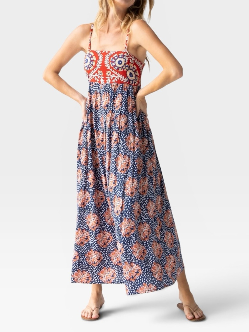 Natural Life Bailey Red Navy Boho Smocked Maxi Dress